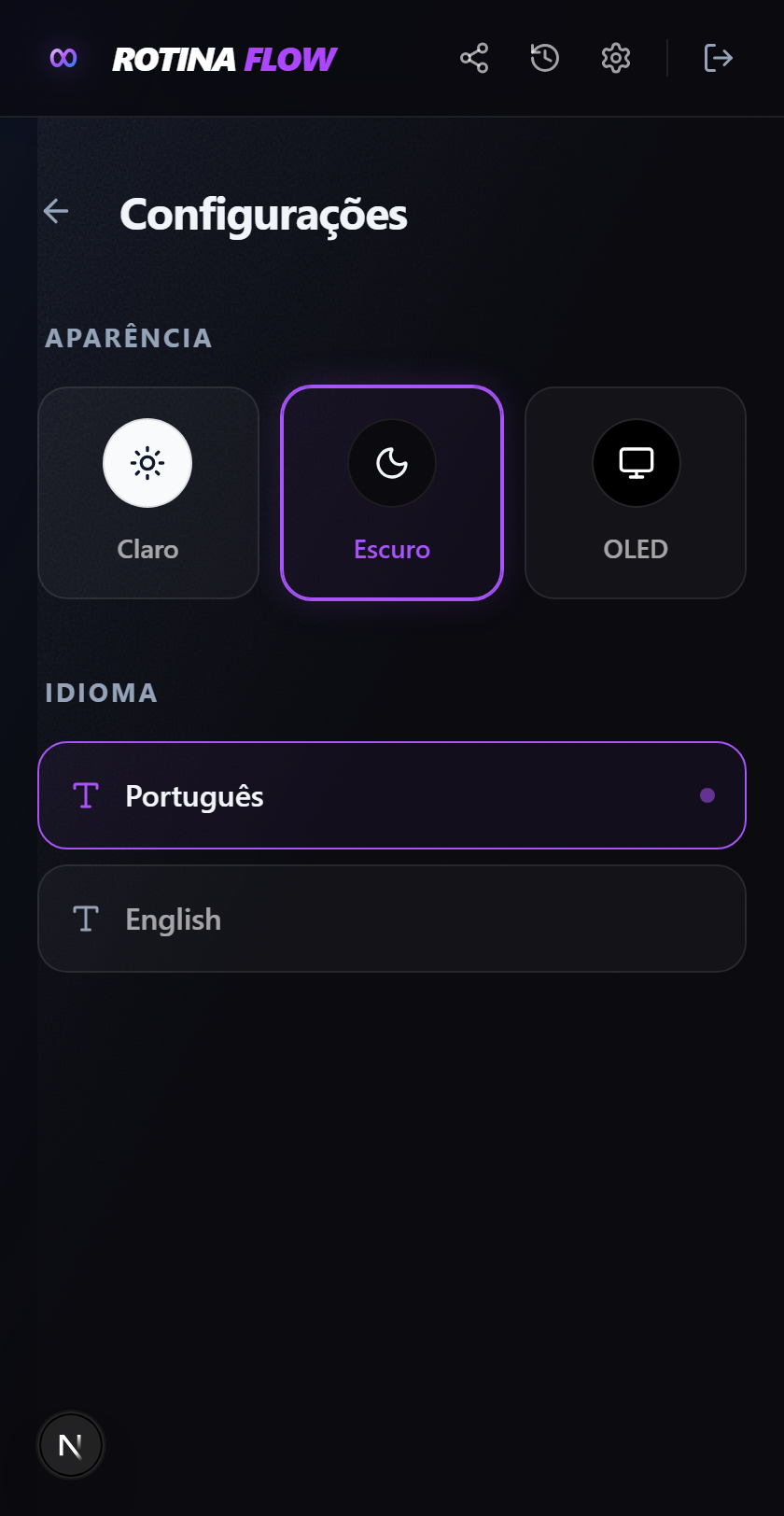Mobile - Configurações Dark